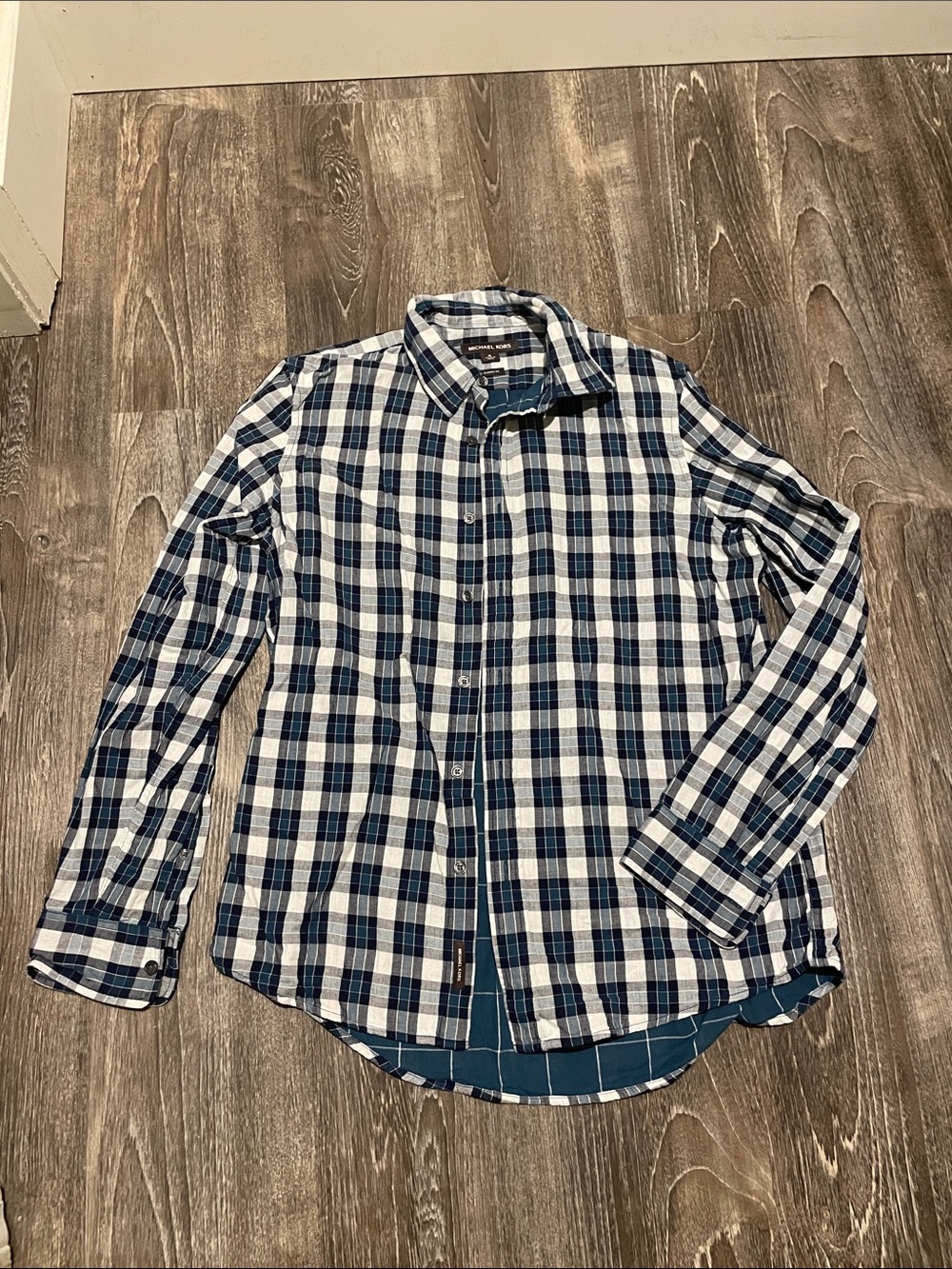 Michael Kors Navy and White Plaid Button-Down Shirt - Size M